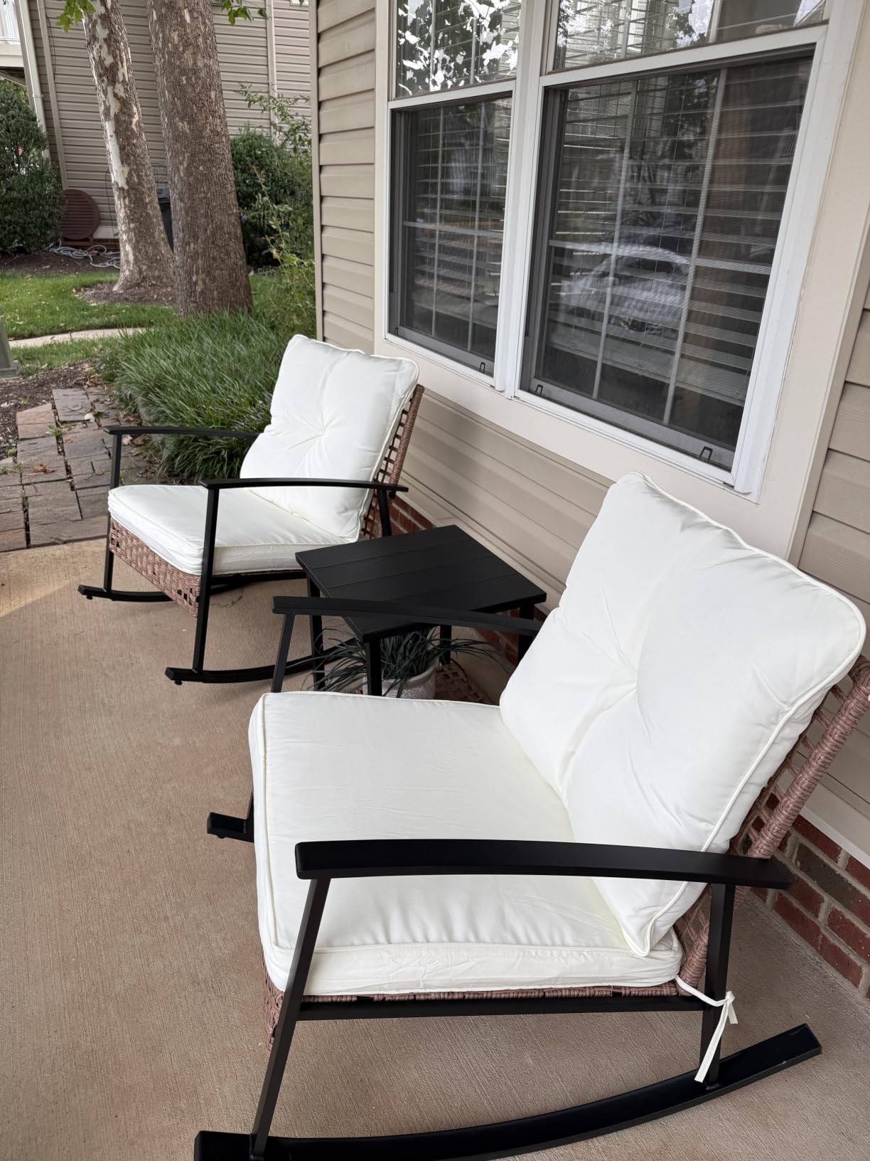 LAUSAINT HOME 3-Piece Rocking Bistro Set, Outdoor Patio Furniture with Thick Cushions and 2-Tier Coffee Table, Oversize Rattan Conversation Set for Garden, Balcony, Backyard (Beige) customer photo 1