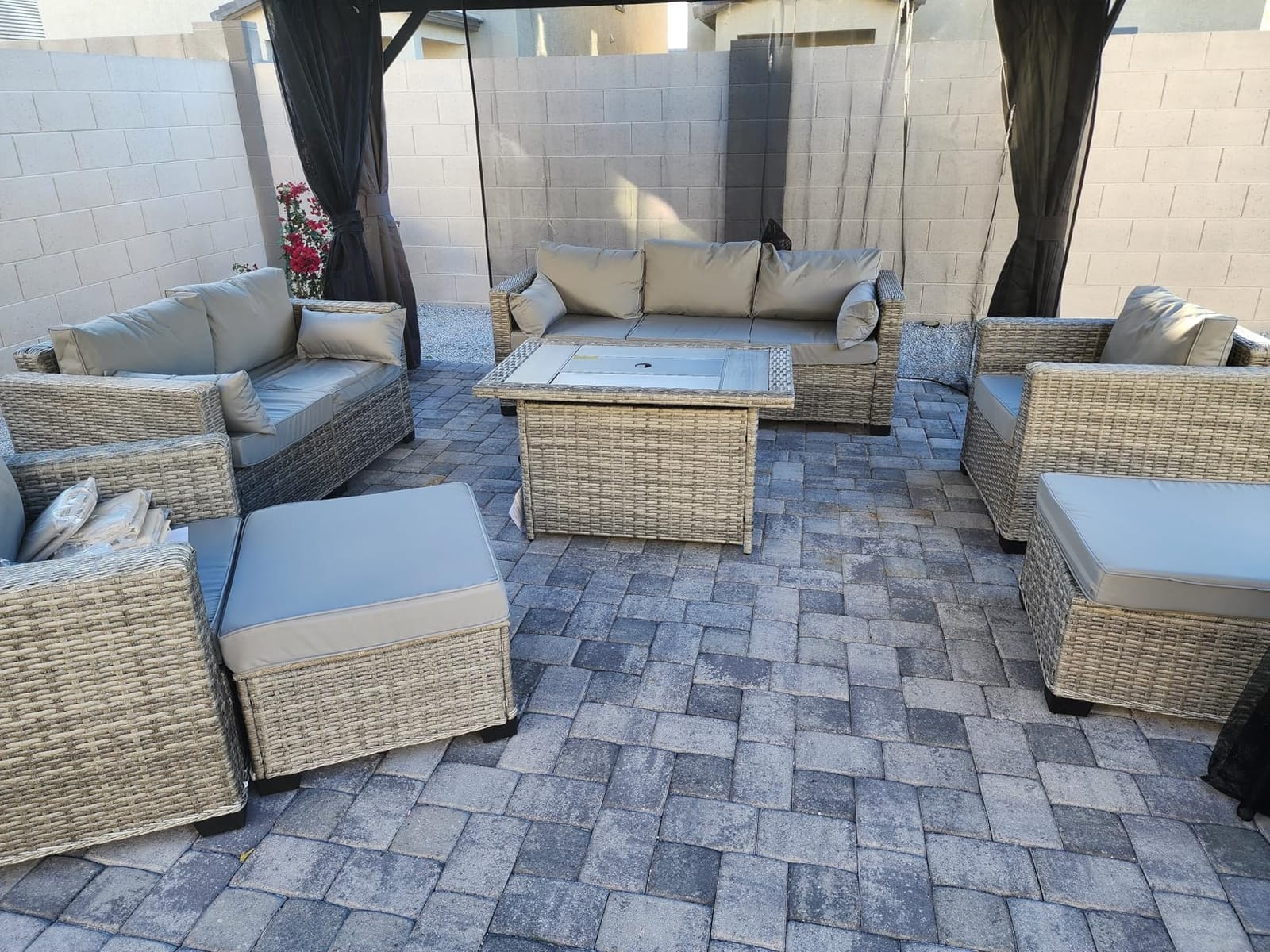 Rattaner Patio Furniture Set with 45-Inch Fire Pit 7-Piece Outdoor Furniture Sets Patio Couch Outdoor Chairs 60000 BTU Propane Fire Pit Table Non-Slip Cushions and Waterproof Covers, Navy Blue customer photo 1