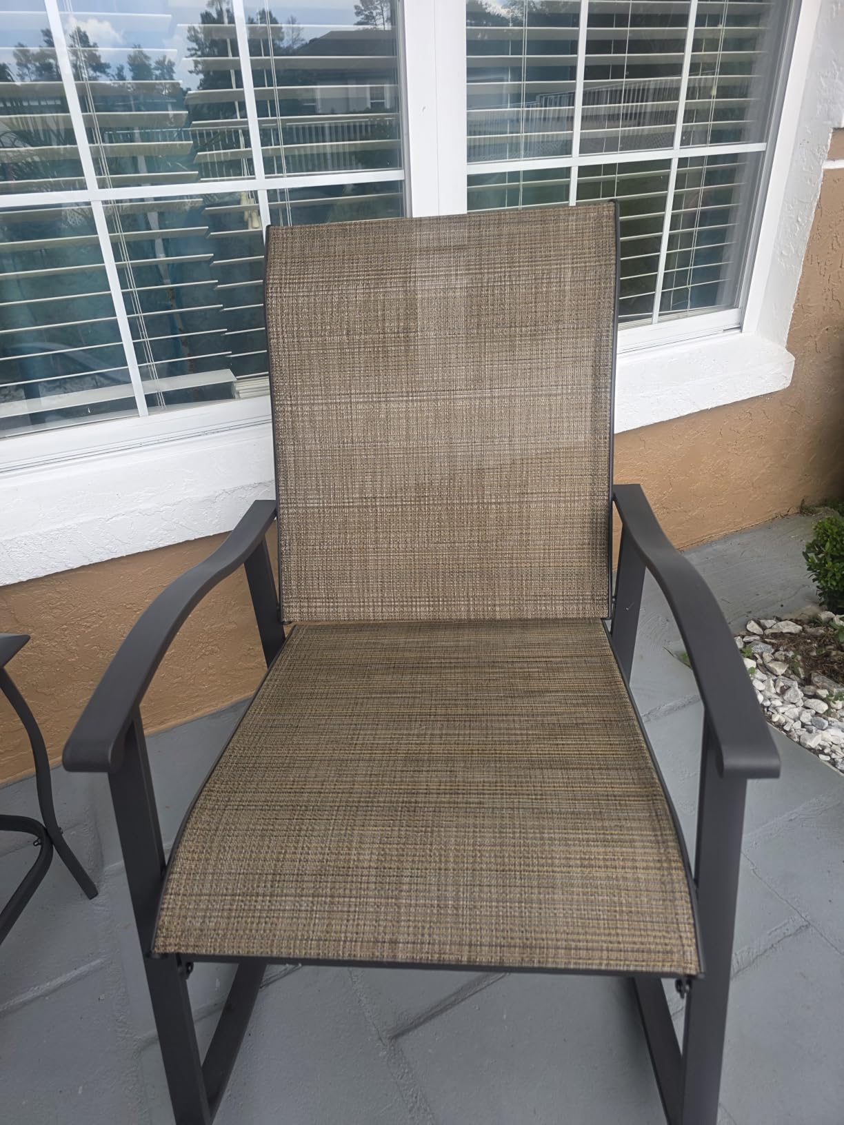 Vongrasig 3 Piece Outdoor Rocking Bistro Set, Textilene Fabric Small Patio Furniture Set, Front Porch Rocker Chairs Conversation Set with Glass Table for Lawn, Garden, Balcony, Poolside (Brown) customer photo 1