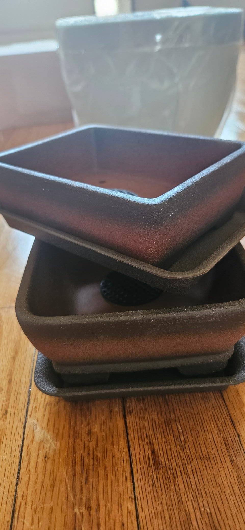 MUZHI Decorative Ceramic Bonsai Planter Pot 8.5 Inch with Tray, Breathable Unglazed Rectangle Terracotta Clay Pot for Tree Succulent Cactus Indoor Outdoor Red Brown (Round Lotus 7.5