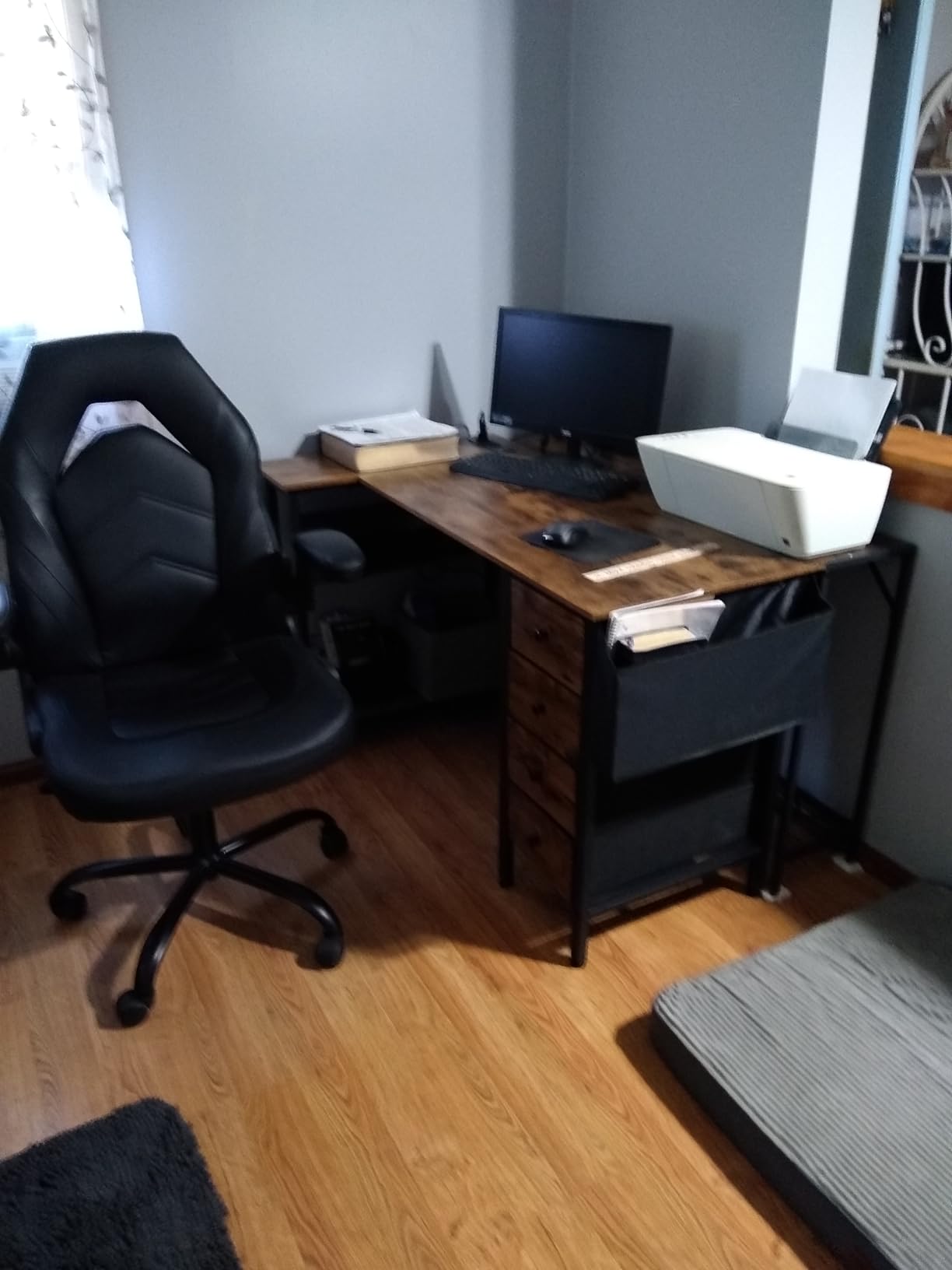 Lufeiya L Shaped Desk with Drawers & Storage Shelves, 47 Inch Small Reversible Corner Desk with Power Outlet for Home Office Bedroom, L-Shaped Gaming PC Computer Desks with Fabric Drawer, Rustic Brown customer photo 1