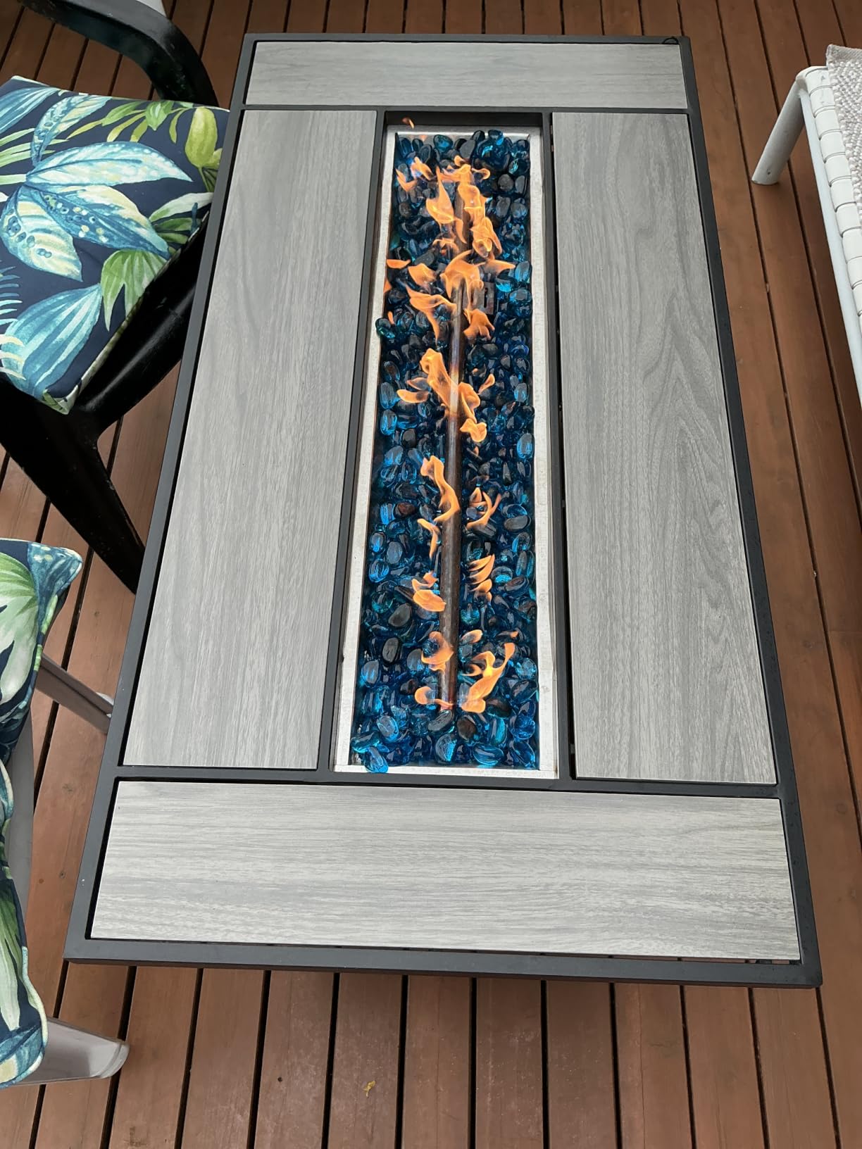 45 Inch Propane Fire Pit Table, 50,000 BTU Outdoor Gas Fire Pit for Patio & Backyard, 2-in-1 Firepit Dining Table with Glass Wind Guard, Blue Glass Rocks & Waterproof Cover, Walnut customer photo 1