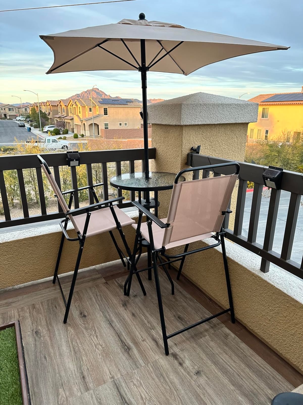 GIANTEX 4-Piece Outdoor Bar Set, Round High Top Bar Table with 2 Folding Counter Height Chairs & Umbrella, Patio Bistro Table Set with Tempered Glass Top for Garden Porch Poolside, Beige customer photo 1
