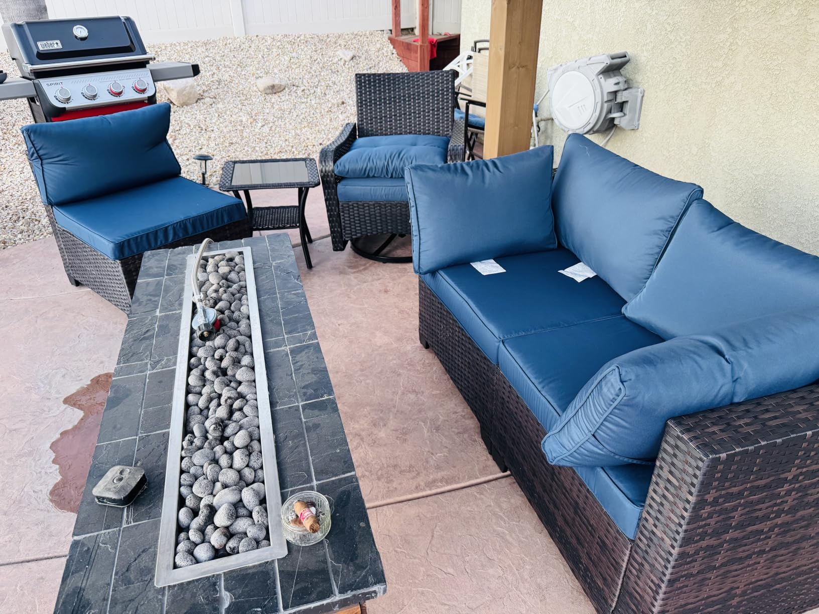 Kullavik 7 Piece Outdoor Wicker Patio Furniture Set with Fire Pit Table | Patio Conversation Set with 4