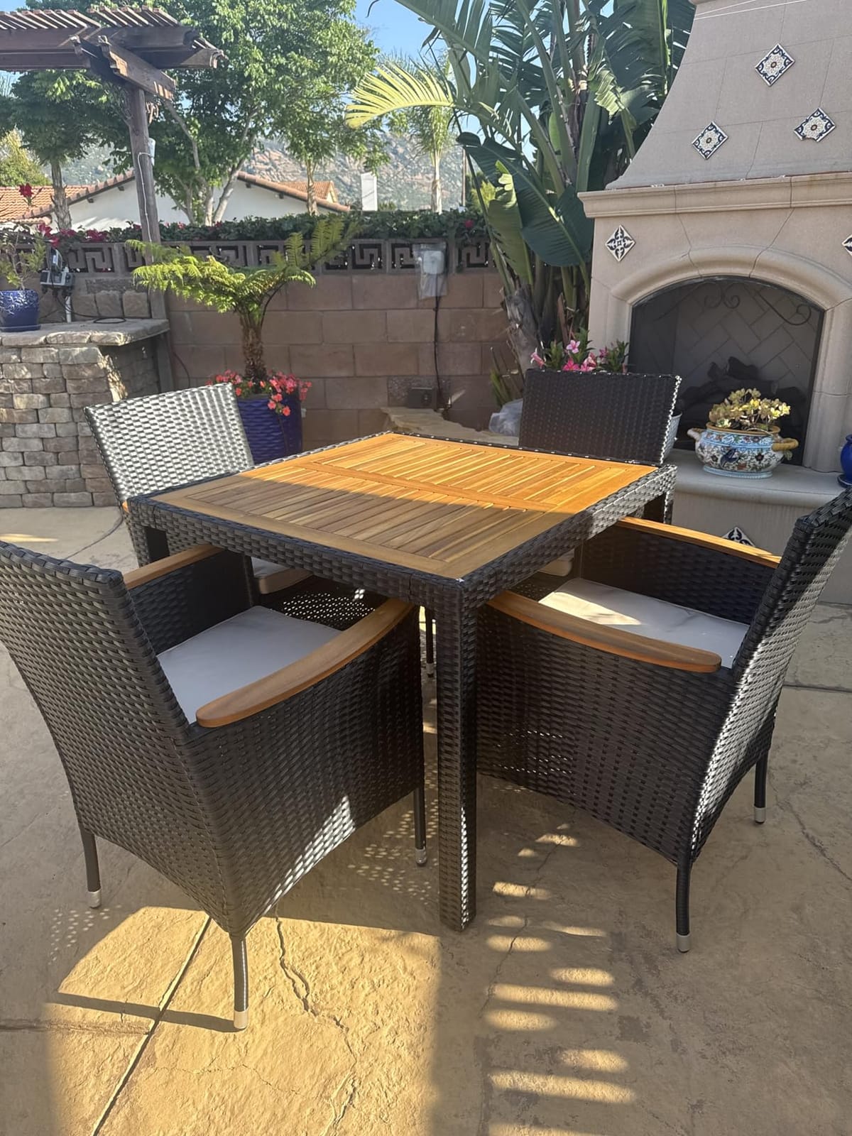 Devoko 5 PCS Acacia Wood Patio Dining Set, Brown Rattan customer photo 2