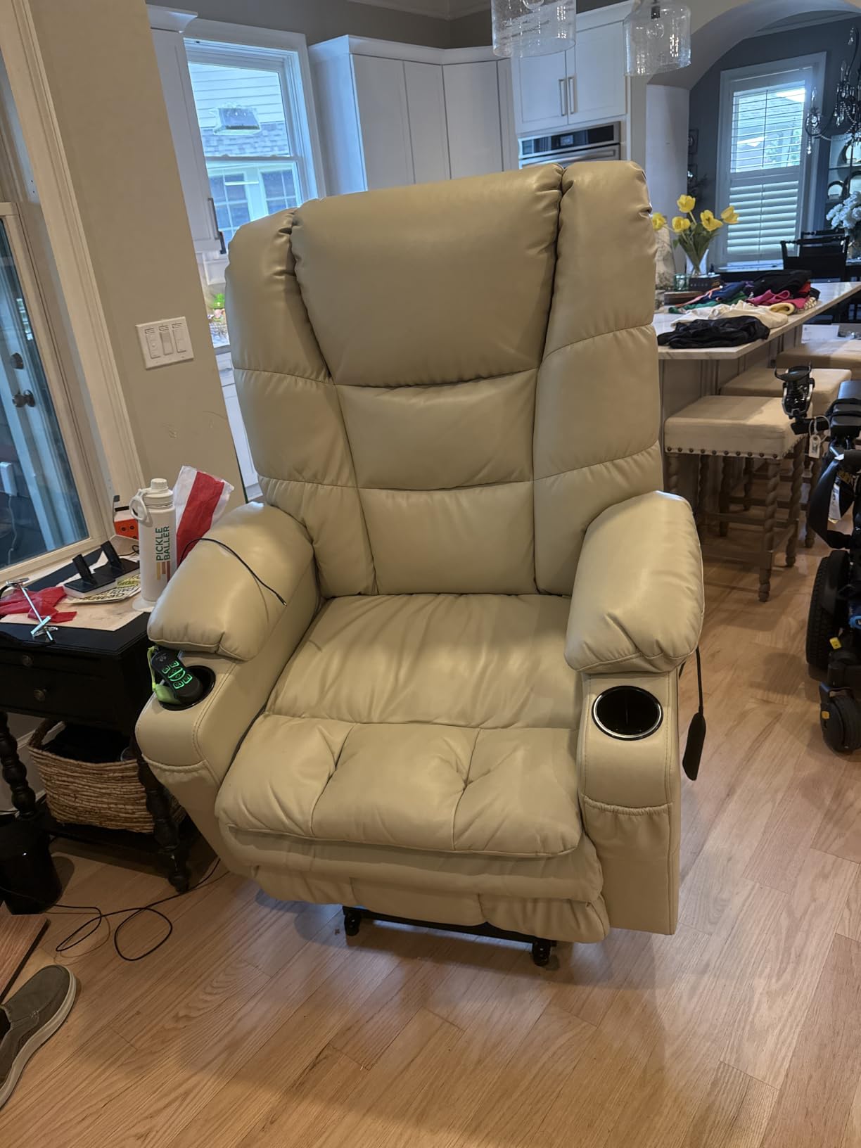 MCombo 3 Motor Power Lift Recliner, Heat and Massage, 7634, Large | Faux Leather, Dark Brown, Lay Flat, Sleep, Zero Gravity, Power Headrest, 4'7
