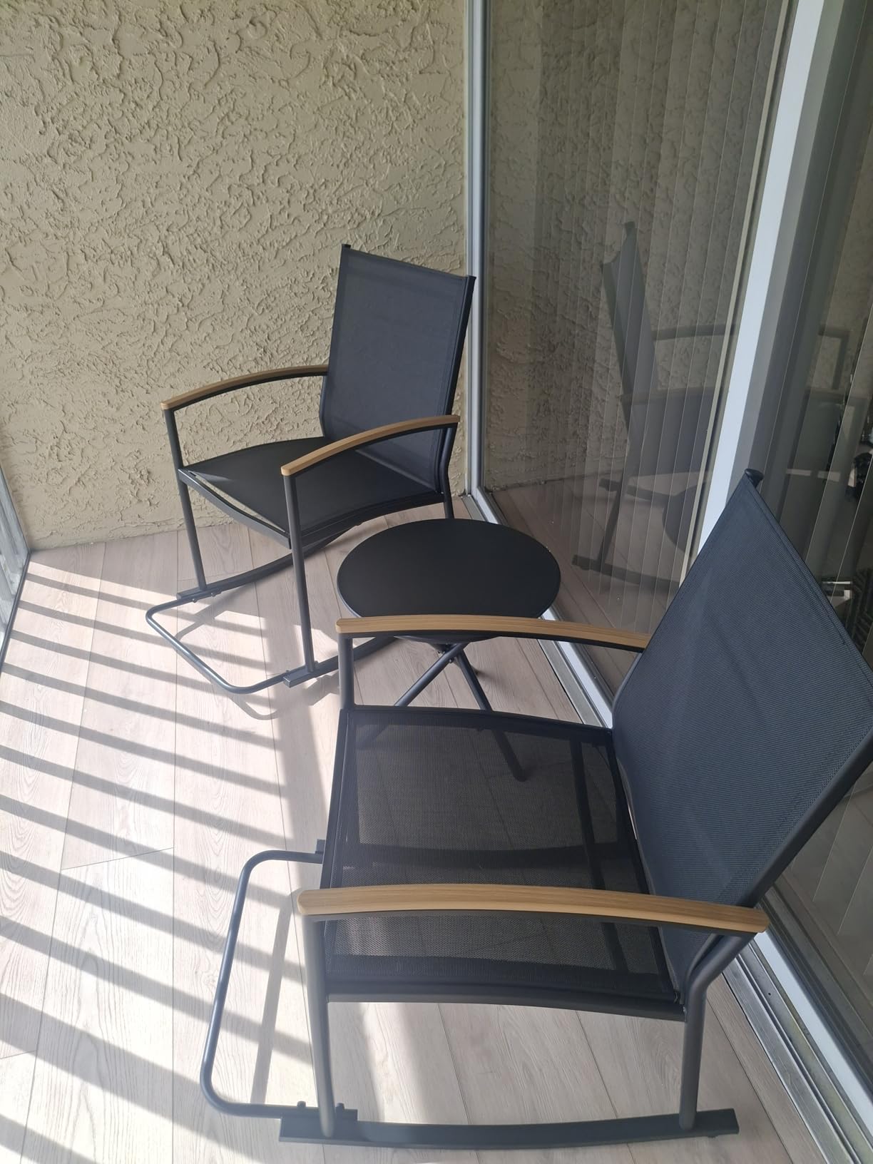 Shintenchi 3 Piece Outdoor Rocking Bistro Set, Textilene Fabric Small Patio Furniture Set, Front Porch Rocker Chairs Conversation Set with Table for Lawn, Garden, Balcony, Poolside (Black) customer photo 2
