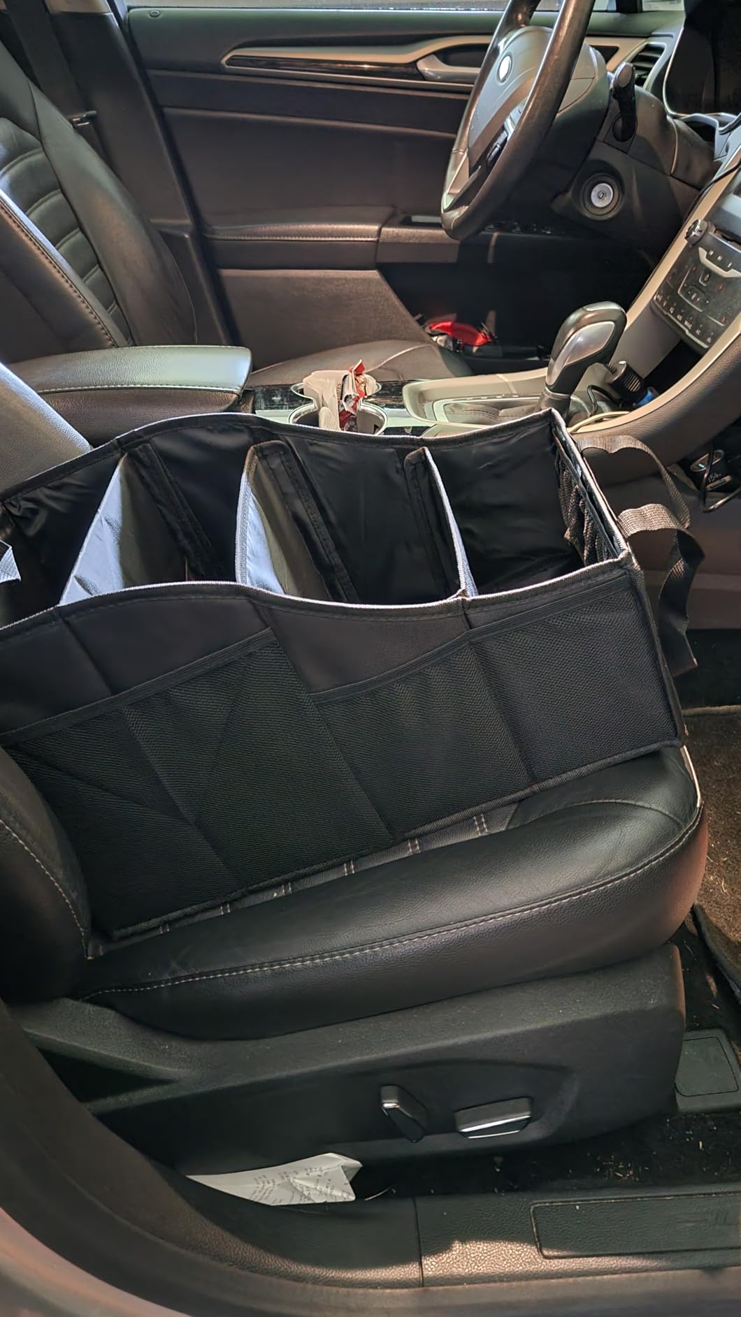YOHOOLYO Car Seat Organizer with 4 Compartments, 4 Cup Holders | 3 removable dividers, 7 Mesh Pockets, Rugged Construction, Non-Slip Bottom, Foldable, for Front and Rear Seat, Black customer photo 2