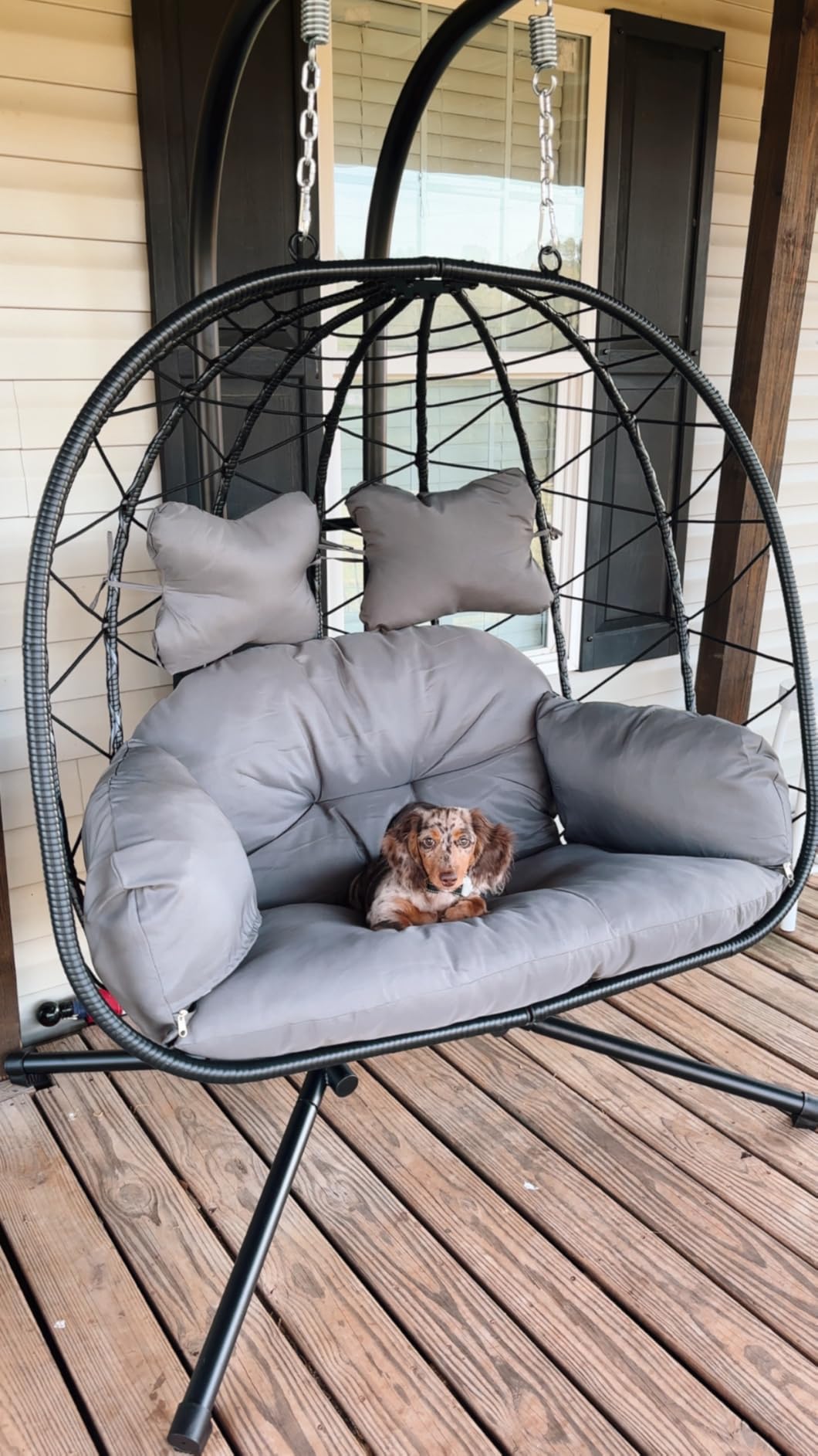 Double Egg Chair with Stand Hammock Swing Chair Foldable Hanging Loveseat, UV Resistant Removable Cushions, 700LBS Capacity for Bedroom, Balcony, Garden(BK-GR) customer photo 1