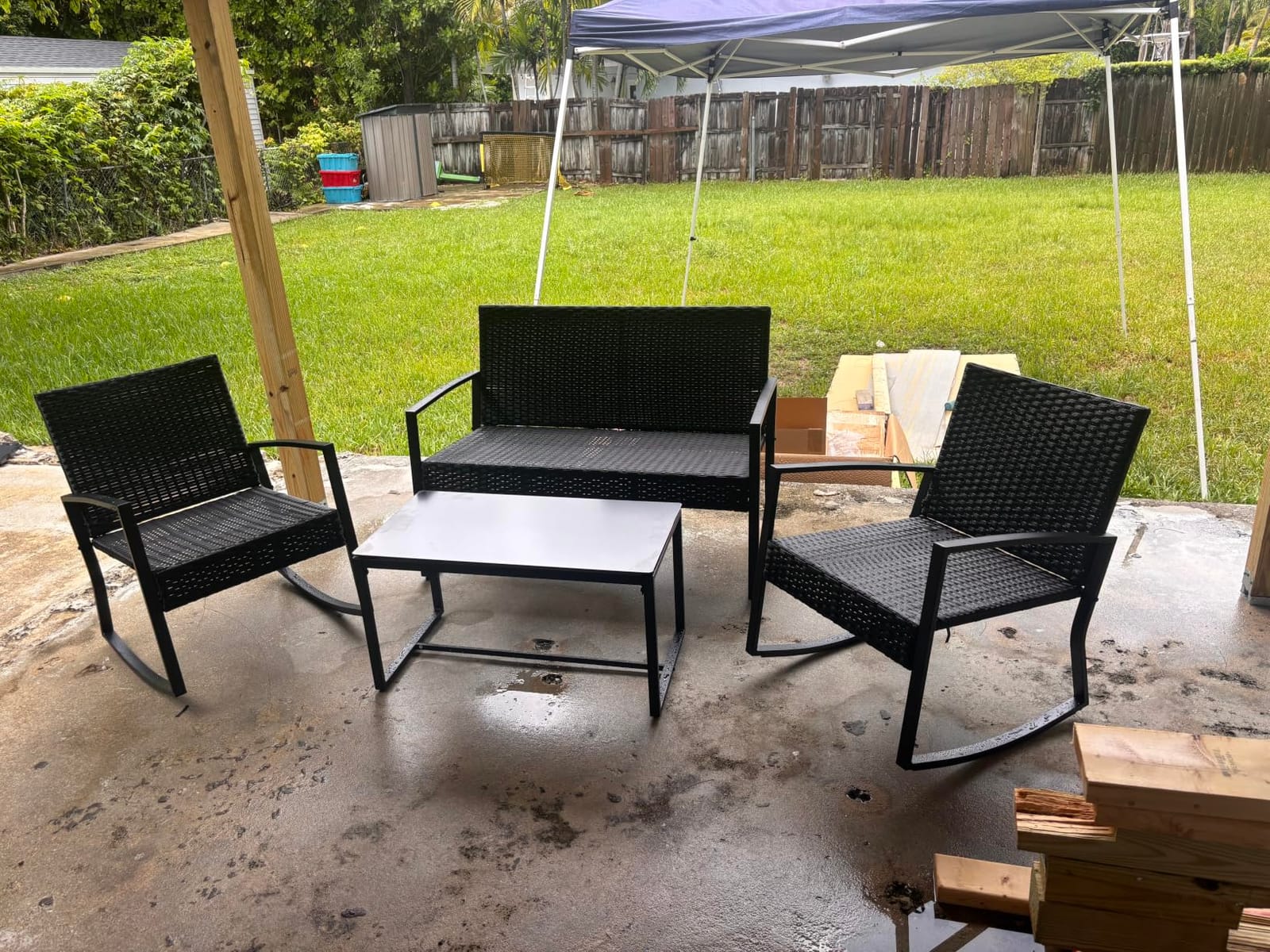 Ahomly 4 Piece Outdoor Patio Furniture Set, Wicker Patio Furniture with Glass Coffee Table, Rocking Wicker Bistro Set, for Backyard, Poolside, Porch (Grey) | Wicker Patio Furniture with Glass Coffee Table, Rocking Wicker Bistro Set, for Backyard, Poolside, Porch customer photo 1