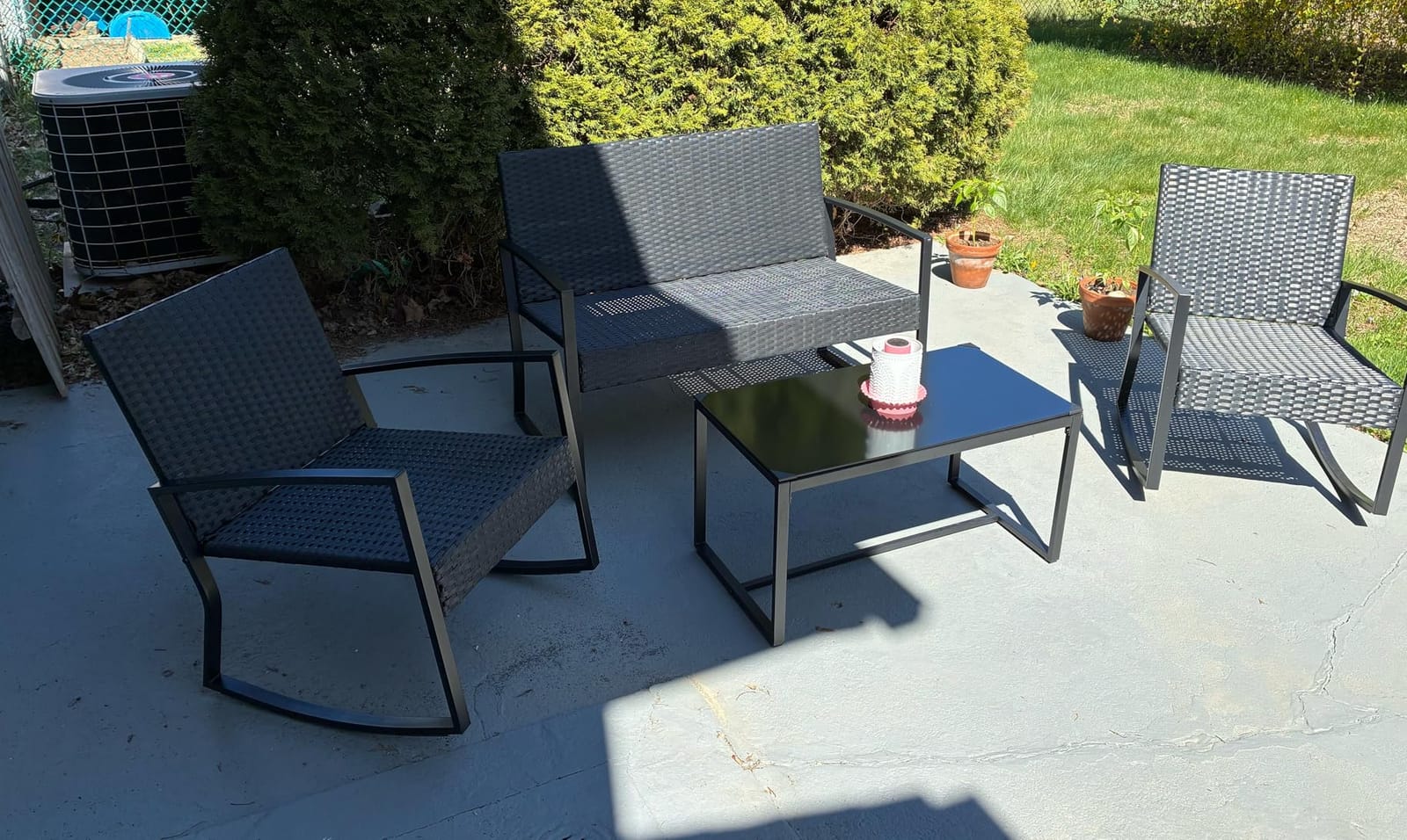 Ahomly 4 Piece Outdoor Patio Furniture Set, Wicker Patio Furniture with Glass Coffee Table, Rocking Wicker Bistro Set, for Backyard, Poolside, Porch (Grey) | Wicker Patio Furniture with Glass Coffee Table, Rocking Wicker Bistro Set, for Backyard, Poolside, Porch customer photo 2