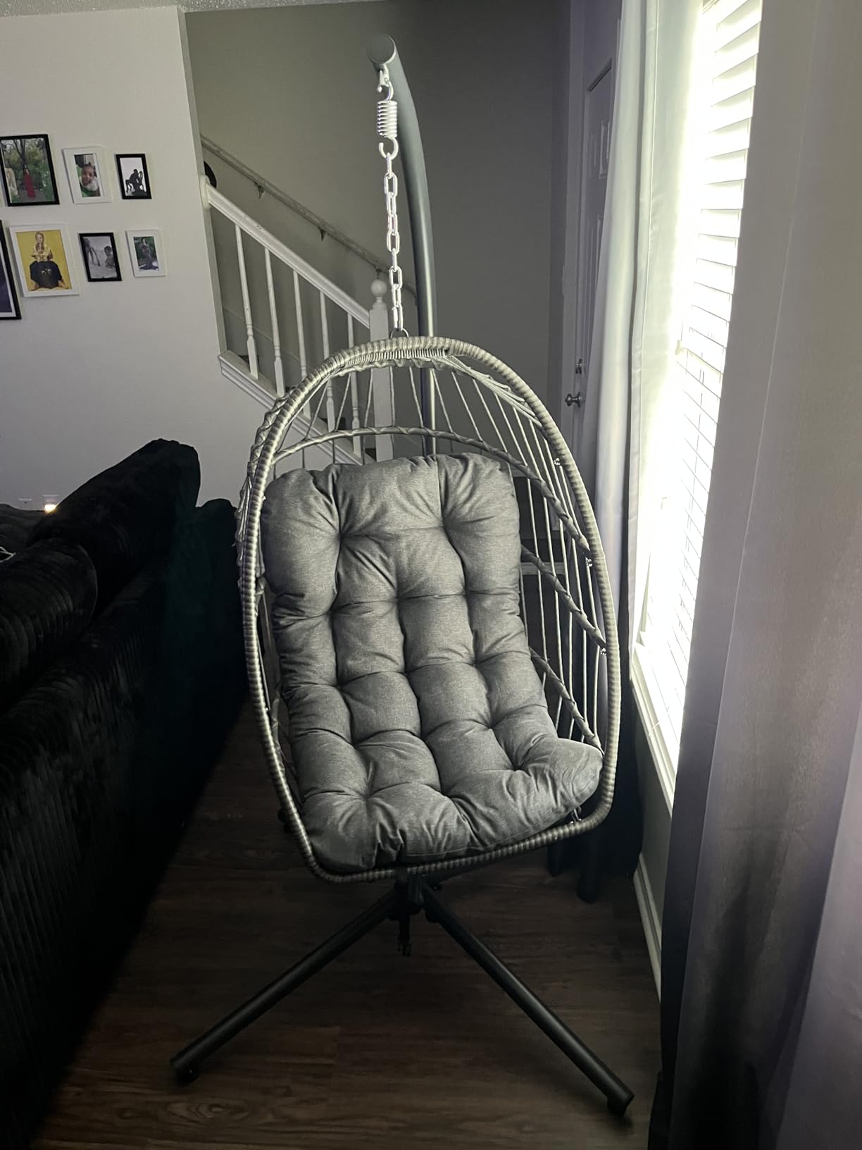 Egg Chair Outdoor with Stand, Indoor Wicker Hanging Egg Swing, Grey | Patio Swinging Chair with Thick Cushion, Egg Shaped Swing for Bedroom Porch Balcony, Rattan Hammock Chairs 370 LBS Capacity customer photo 1
