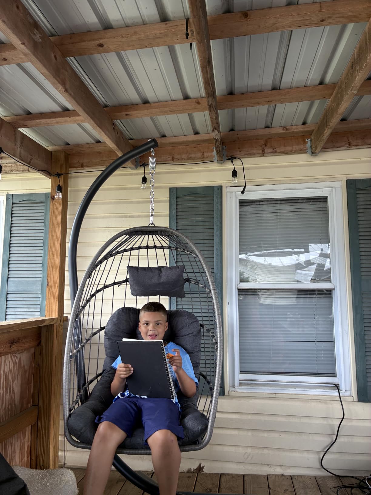 Egg Chair Outdoor with Stand, Indoor Wicker Hanging Egg Swing, Grey | Patio Swinging Chair with Thick Cushion, Egg Shaped Swing for Bedroom Porch Balcony, Rattan Hammock Chairs 370 LBS Capacity customer photo 2