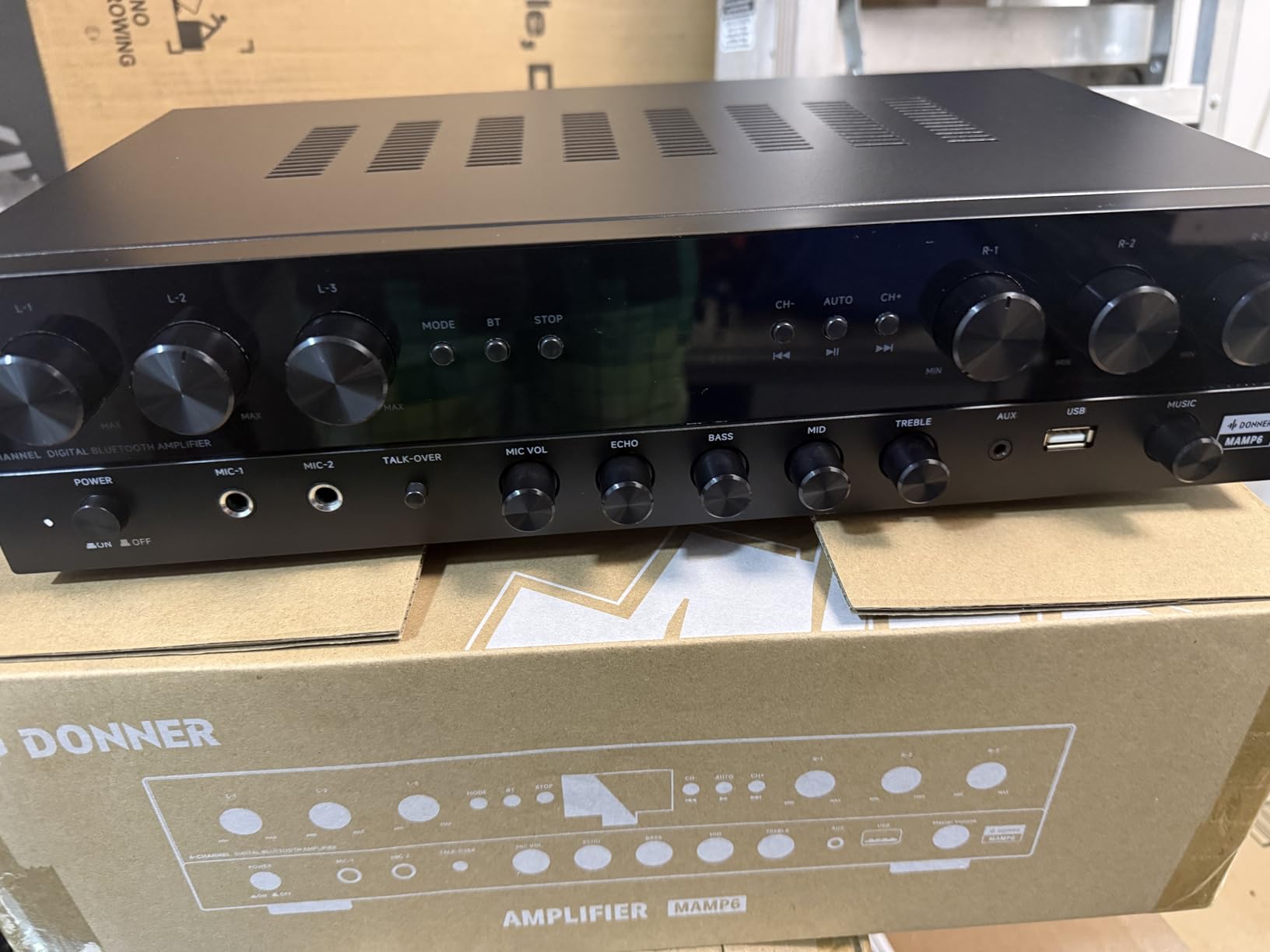 Donner Stereo Receivers, Premium 1000W Peak Power 6 Channel Audio Amplifier with Bluetooth 5.3, USB, FM, 2 Mic-in, Echo, RCA, Optical/Coaxial Input for Home, Karaoke, Theater Speakers, MAMP6 customer photo 1