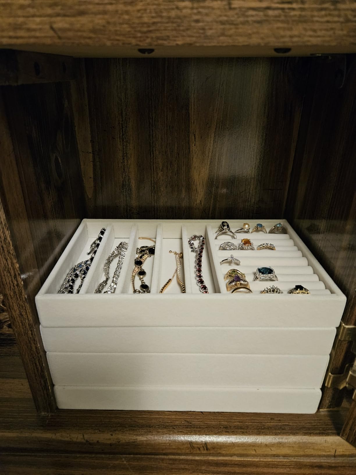 Velvet Jewelry Drawer Organizer Trays – 4-Layer Stackable Jewelry Storage Inserts Set, Beige Jewelry Tray Set for Earrings, Rings, Necklaces, Bracelets with Removable Dividers for Dresser & Vanity customer photo 2