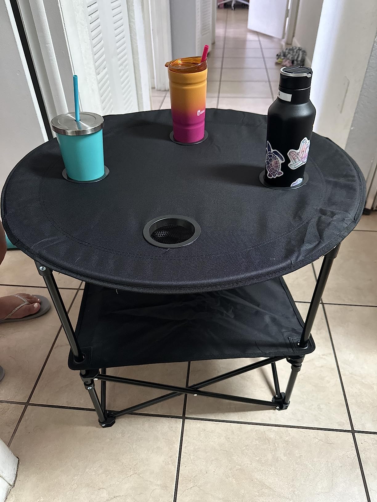 Preferred Nation | 2 Tier Folding Camping Table with 4 Mesh Cup Holders Black | Polyester with Metal Frame | Compact, Convenient Carry Case Included | Side Table for Tailgate customer photo 1