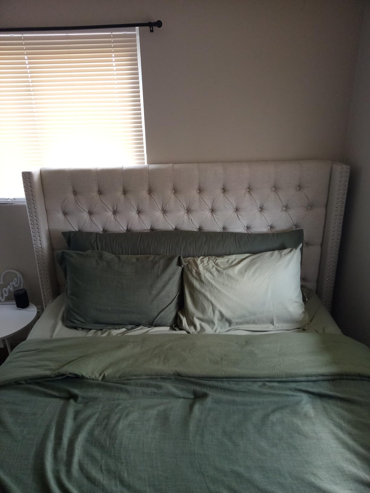 Madison Park Amelia Upholstered Headboard | Nail Head Trim Wingback Button Tufted | King, Cream customer photo 2