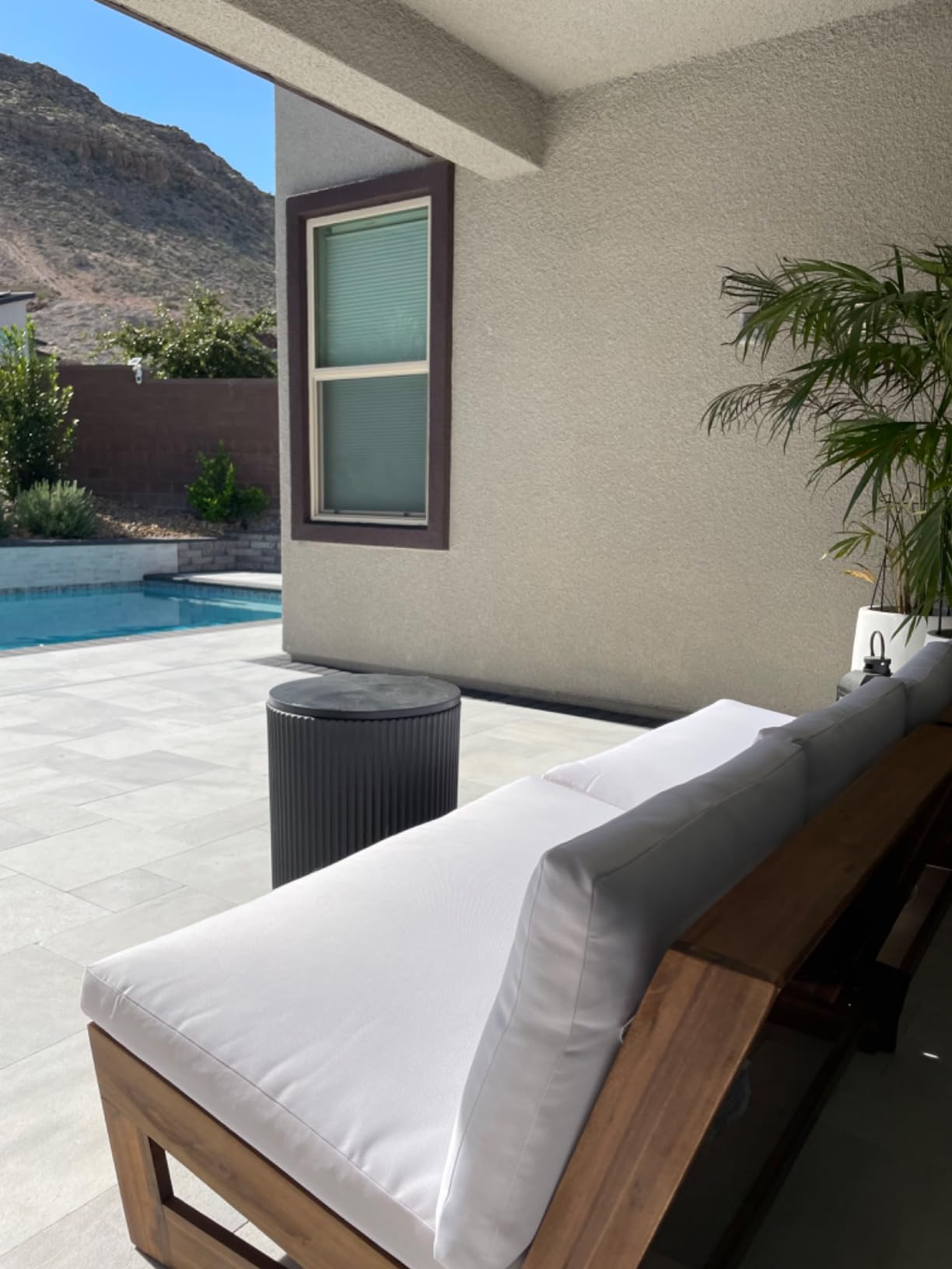 Great Deal Furniture Kaitlyn Outdoor Acacia Wood Loveseat with Cushions, Teak and White customer photo 1