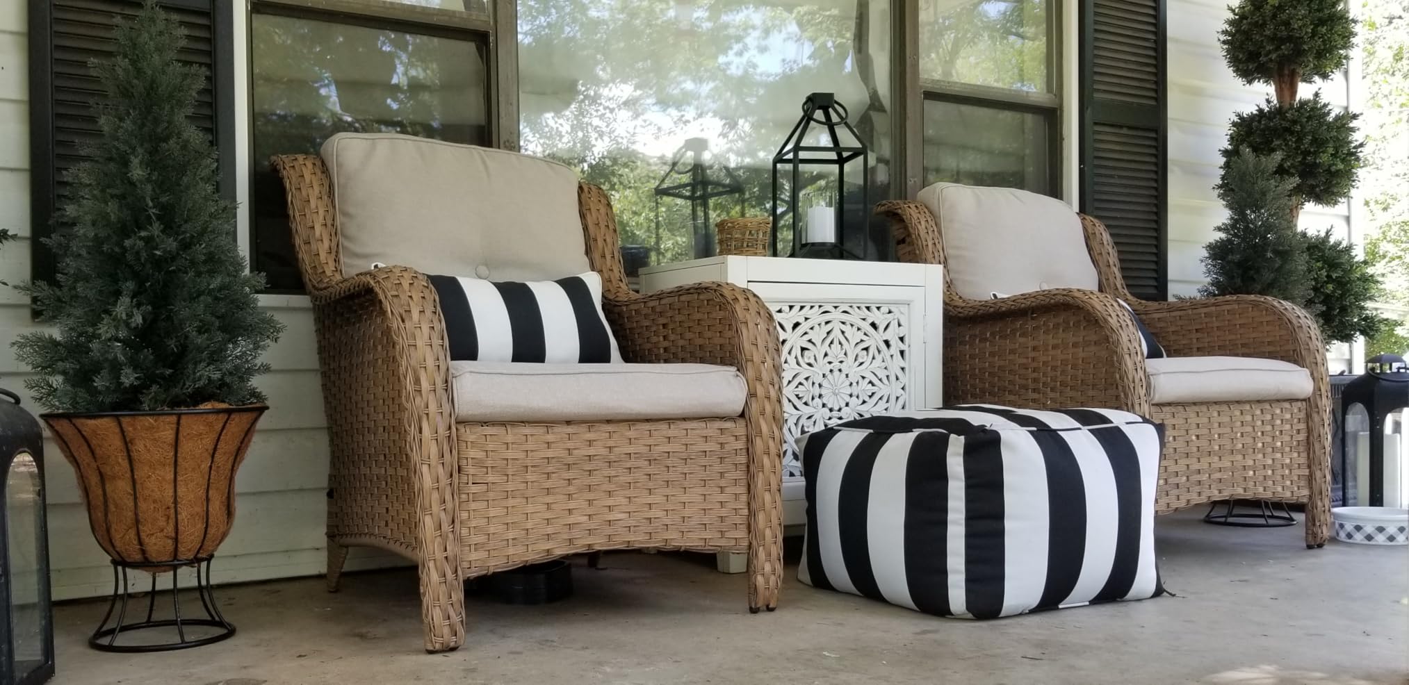 Rilyson Outdoor Wicker Patio Chairs Set of 2, High Back, Deep Seating, Wide Armrest, Thick Comfort Cushions, Ideal for Porch Deck Backyard Garden(Brown/Blue) customer photo 2