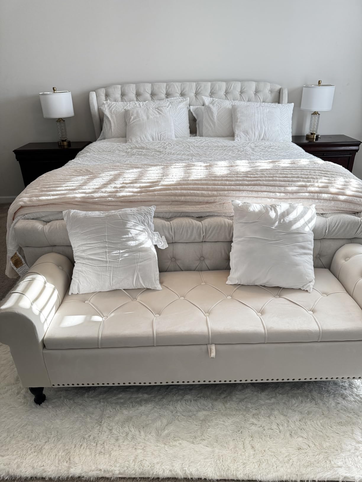 67 Inch Storage Bench for Bedroom, King Size End of Bed Bench, Upholstered Bench with Rolled Arms, Linen Tufted Button Storage Ottoman Benches, Living Room, Entryway, Cream Beige customer photo 2