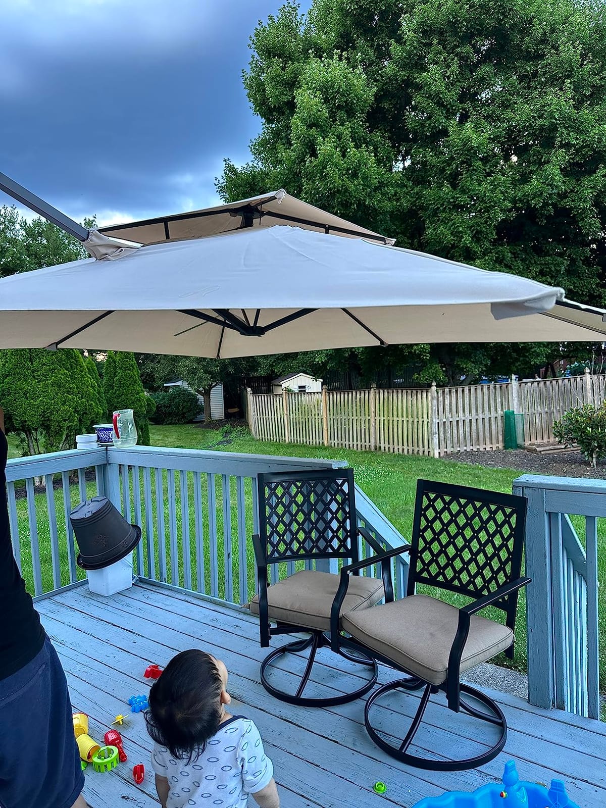Tangkula 10 FT Patio Cantilever Umbrella, Large Square Offset Hanging Umbrella w/ 360° Rotation, 8 Sturdy Ribs, Air Vent & Cross Base, Heavy-Duty Outdoor Sun Shade for Backyard Pool Garden Deck, Beige customer photo 2