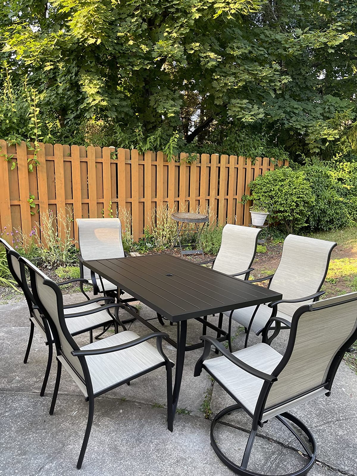HAPPATIO Outdoor Patio Dining Set, 6 Quick Dry Textilene Dining Chairs and Dining Table with Umbrella Hole, Stackable Textilene Chairs for Garden, Patio and Poolside Backyard, Grey customer photo 1