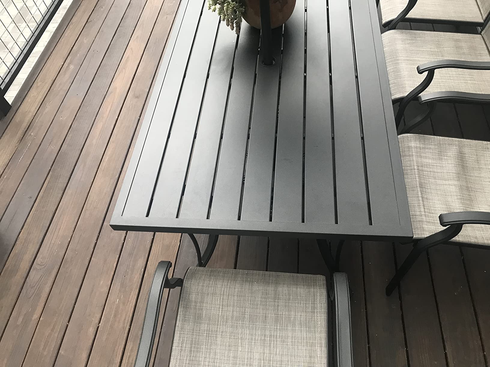 HAPPATIO Outdoor Patio Dining Set, 6 Quick Dry Textilene Dining Chairs and Dining Table with Umbrella Hole, Stackable Textilene Chairs for Garden, Patio and Poolside Backyard, Grey customer photo 2