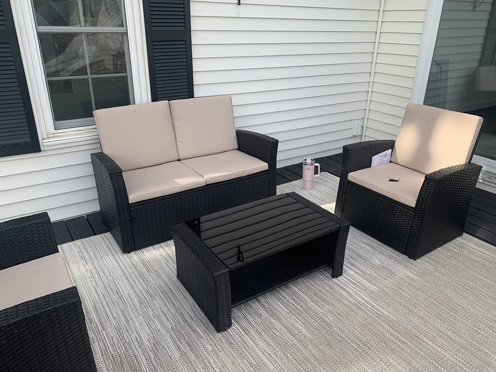 Shintenchi 5 Pieces Patio Furniture Sets Outdoor All-Weather Sectional Patio Sofa Set PE Rattan Manual Weaving Wicker Patio Conversation Set with Glass Table&Ottoman Cushion and Red Pillows, Beige customer photo 2